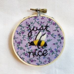 Bee Embroidery Art “Just Be Nice” Floral Crewel Framed Grannycore Fairycore